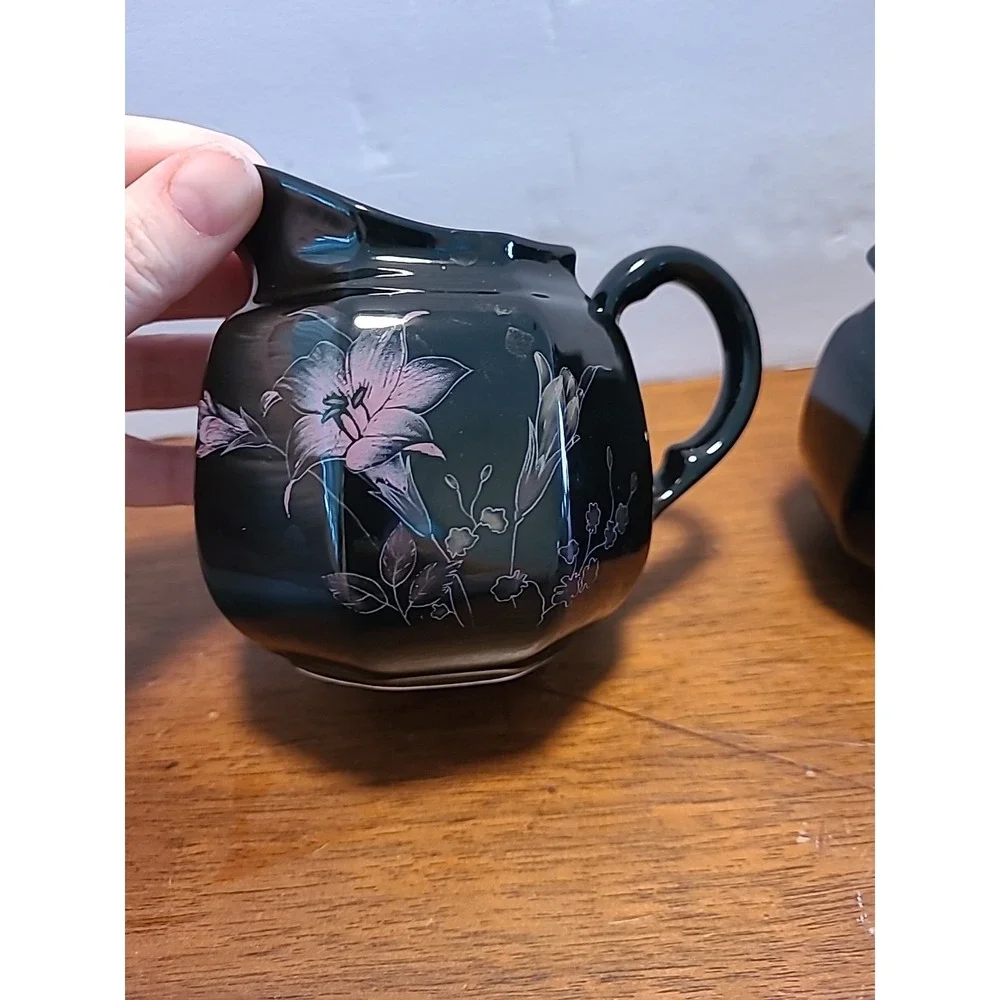 Mikasa EBONY GARDEN Sugar Bowl and Creamer Set Pink Yellow Flowers Black F3701